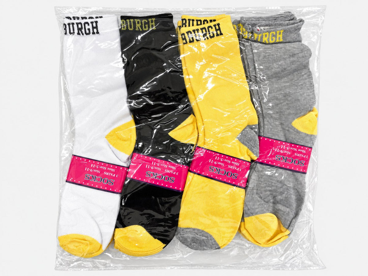 Packaged women’s Pittsburgh crew socks with yellow accents