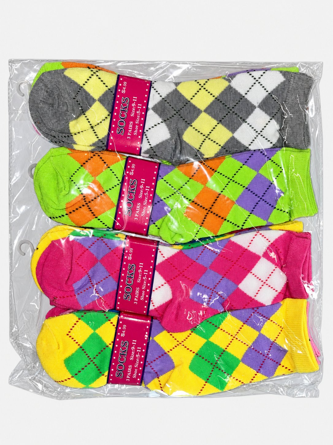 Packaged women’s crew socks with argyle patterns