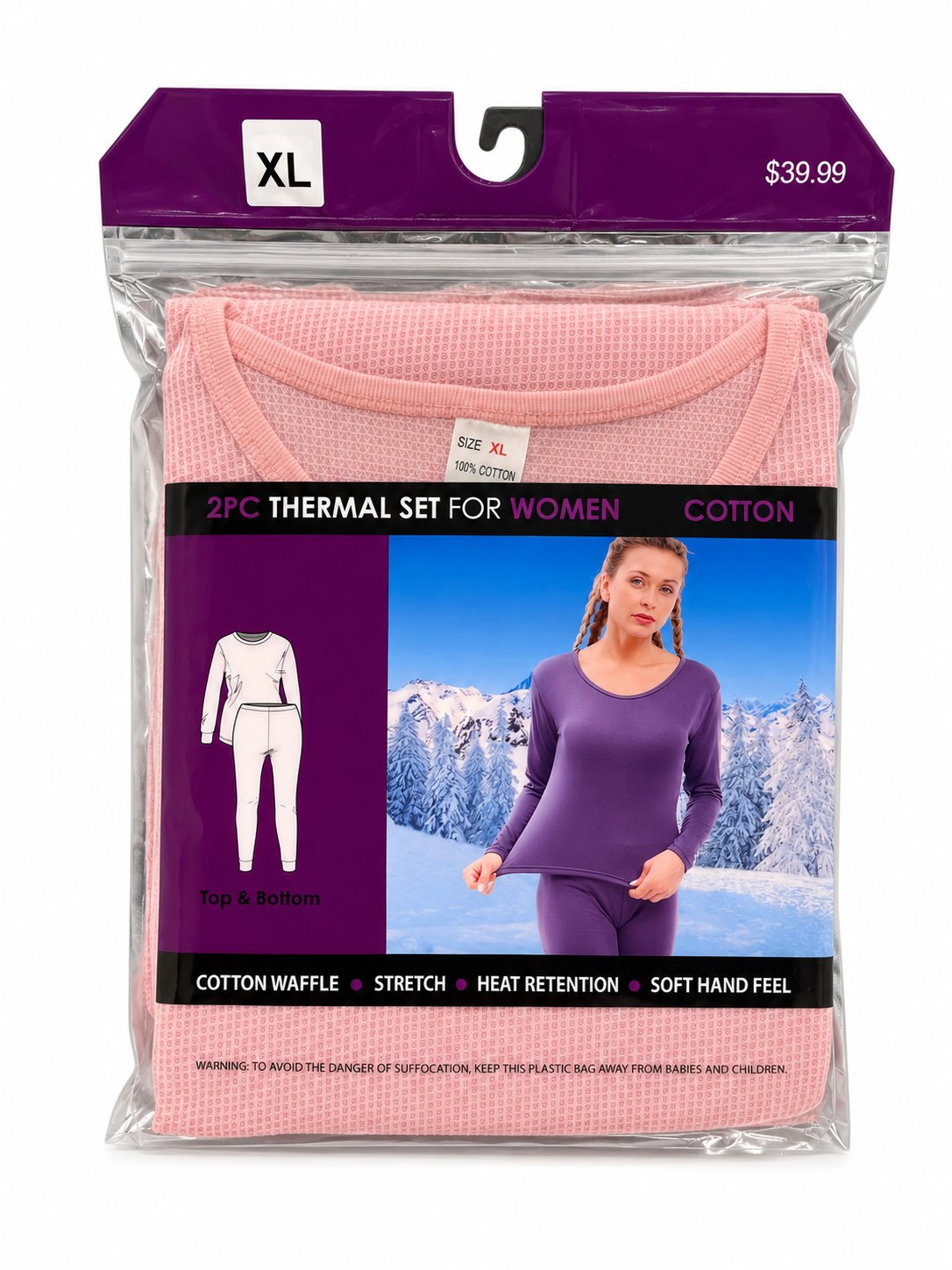 Light pink women's thermal underwear in retail packaging