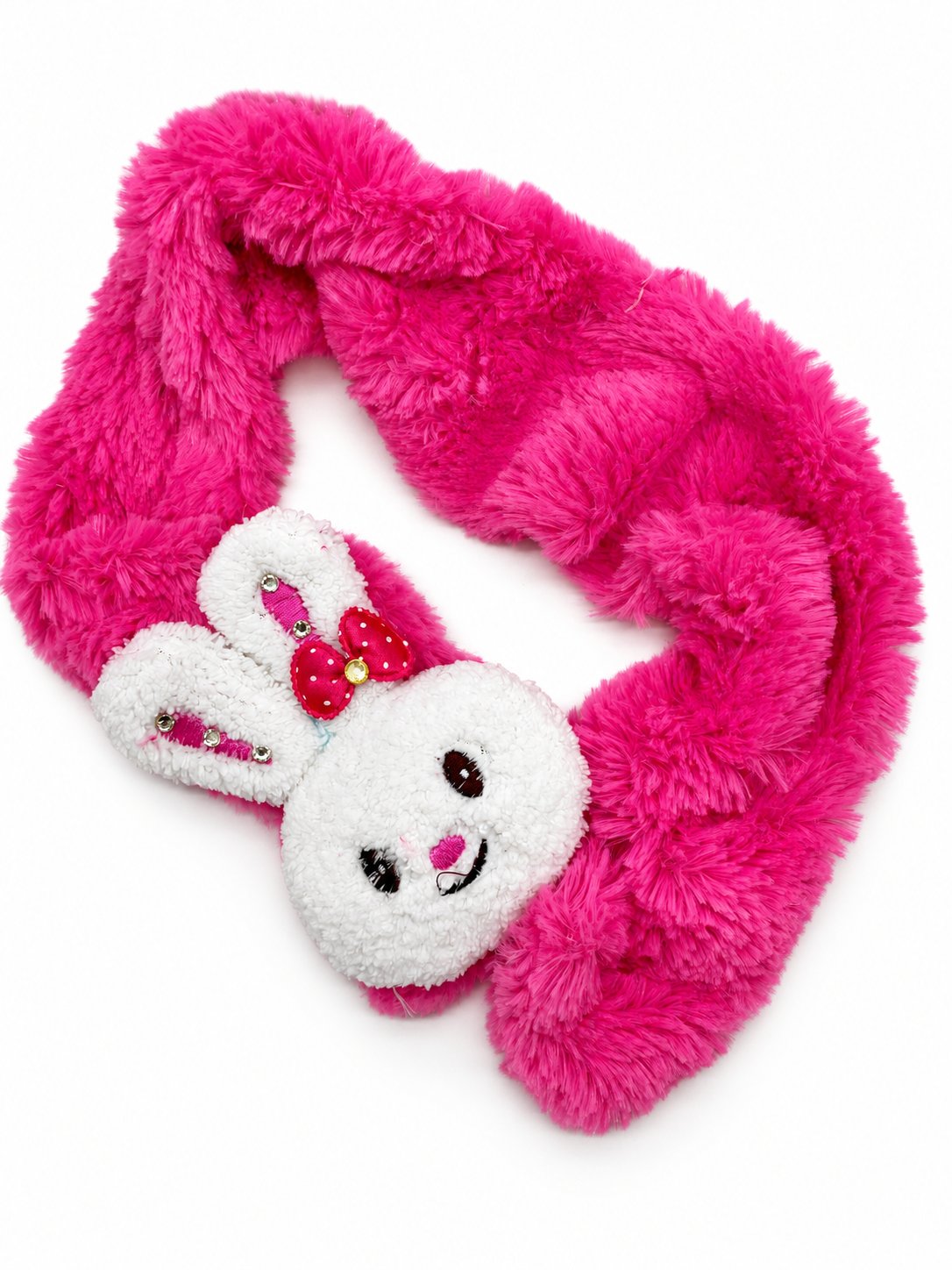 Bright pink plush scarf with rabbit face decoration