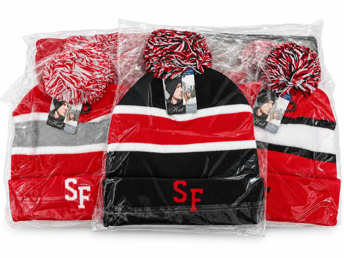 Gorros con pompón — Diseños de ciudades y palabras — colores: negro, rojo