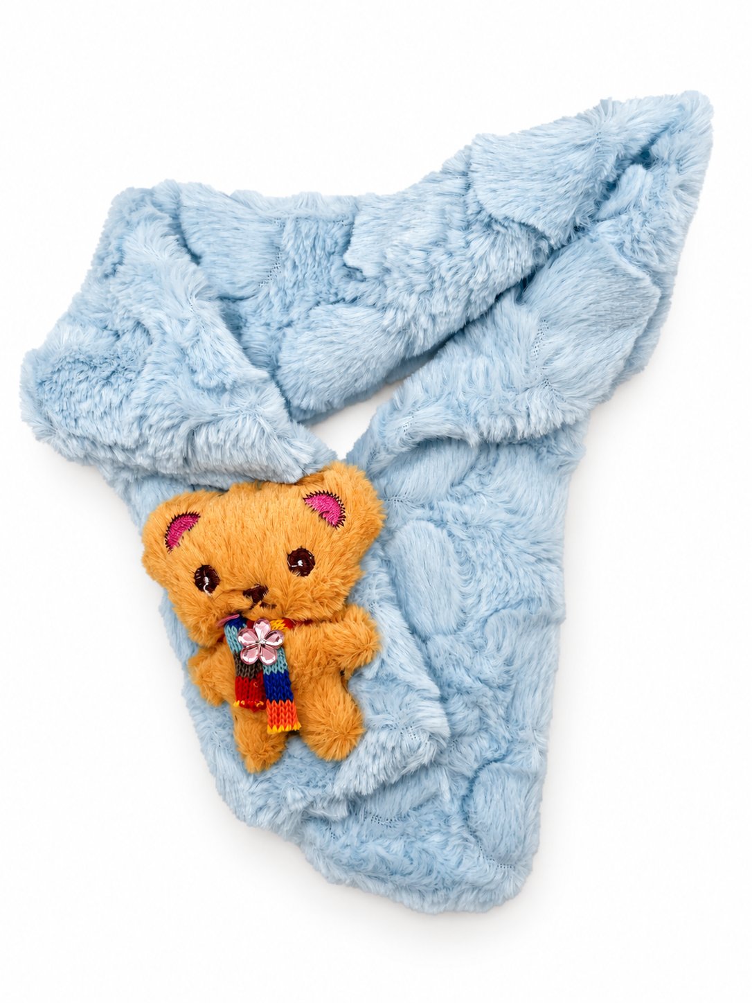 Light blue plush scarf with bear decoration