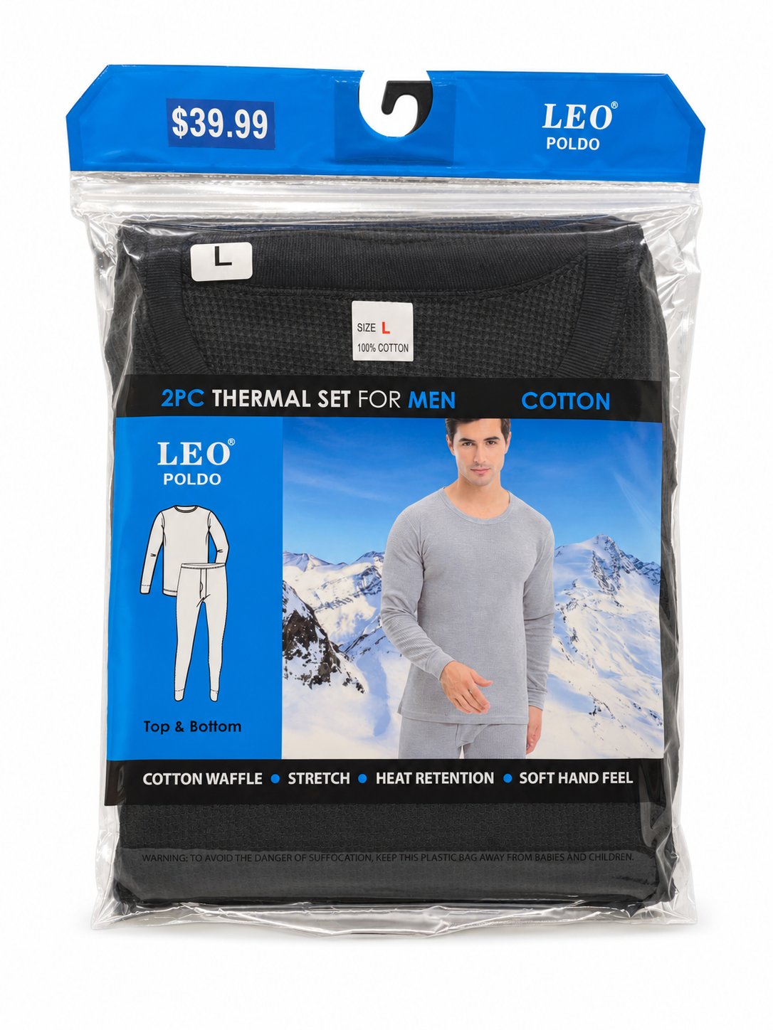 Black men's thermal underwear in retail packaging
