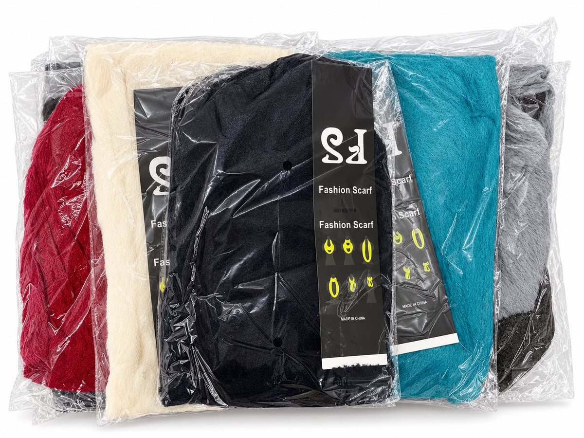 Packaged braided infinity scarves in several colors