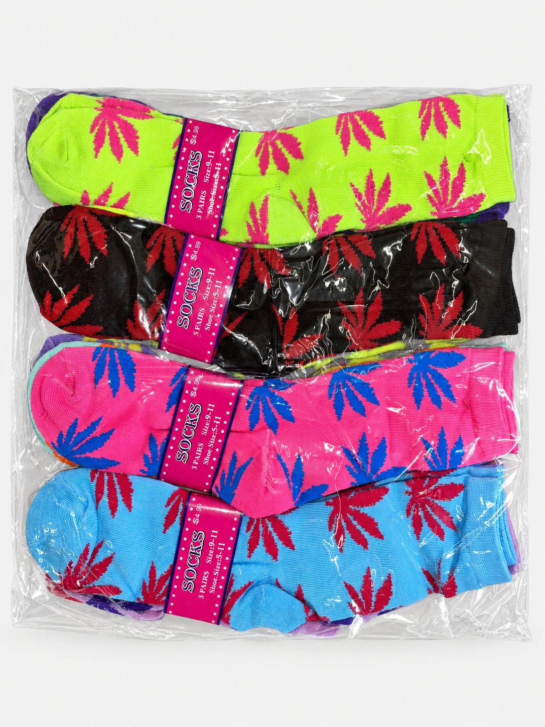 Packaged women’s crew socks with colorful leaf patterns