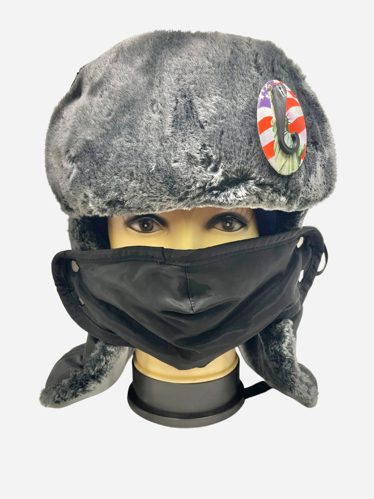 Ushanka hat with furry trim and black face covering