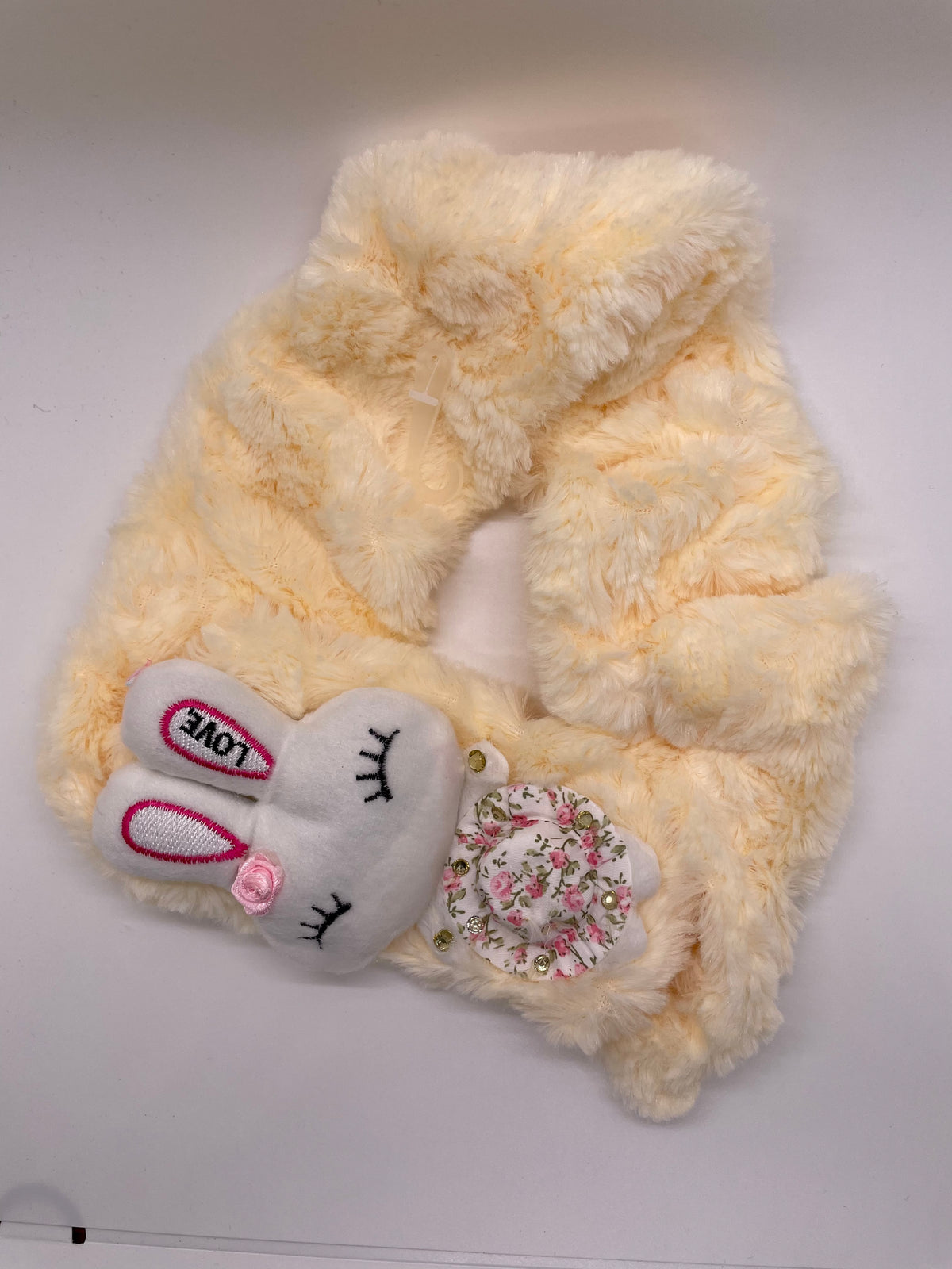 Cream plush scarf with rabbit decoration