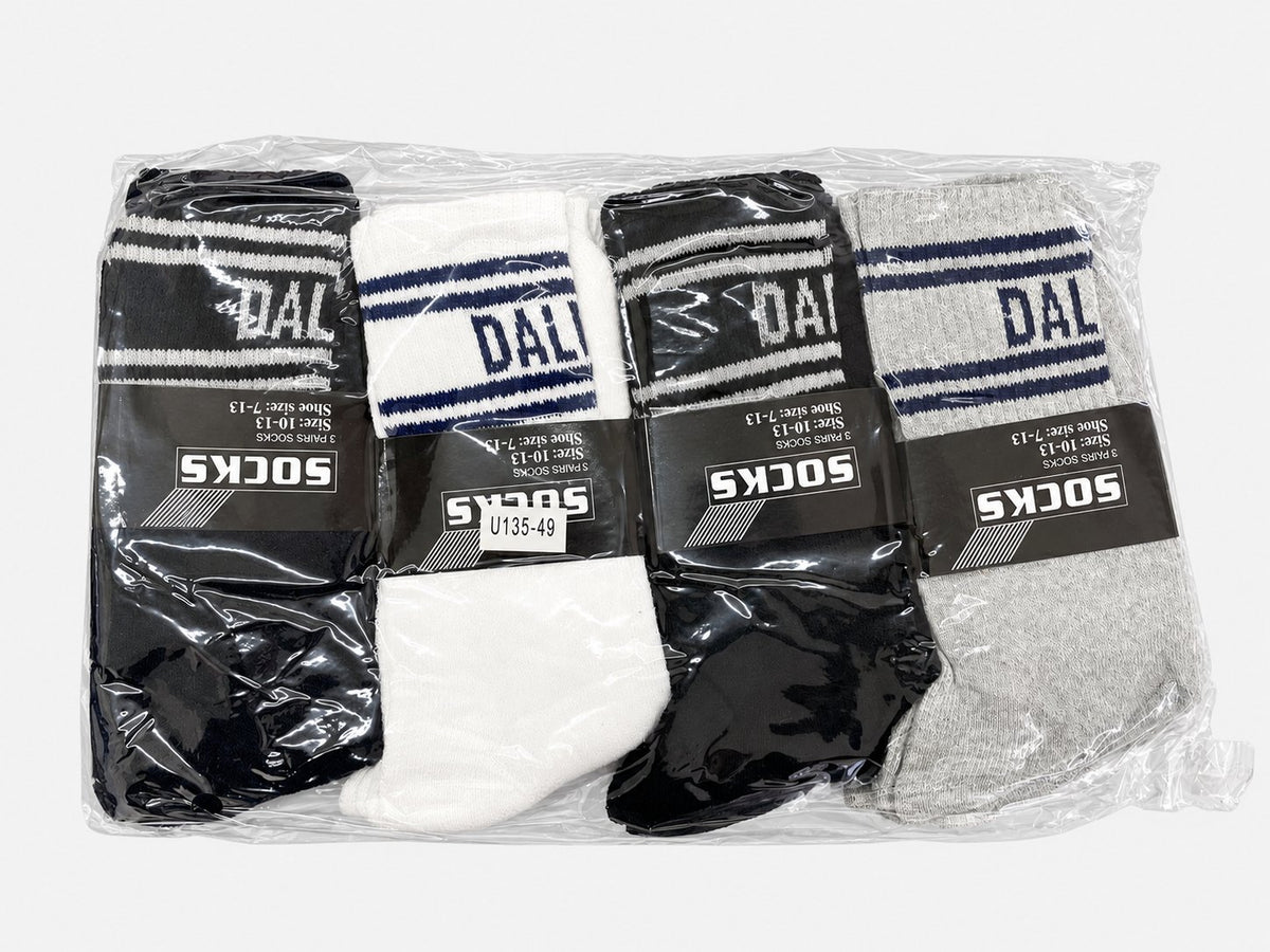 Packaged men’s Dallas crew socks with contrasting stripes
