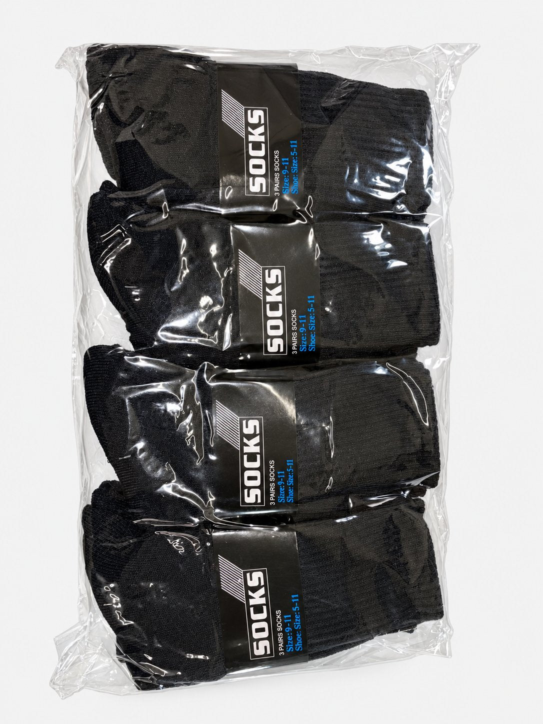 Black crew socks in clear packaging