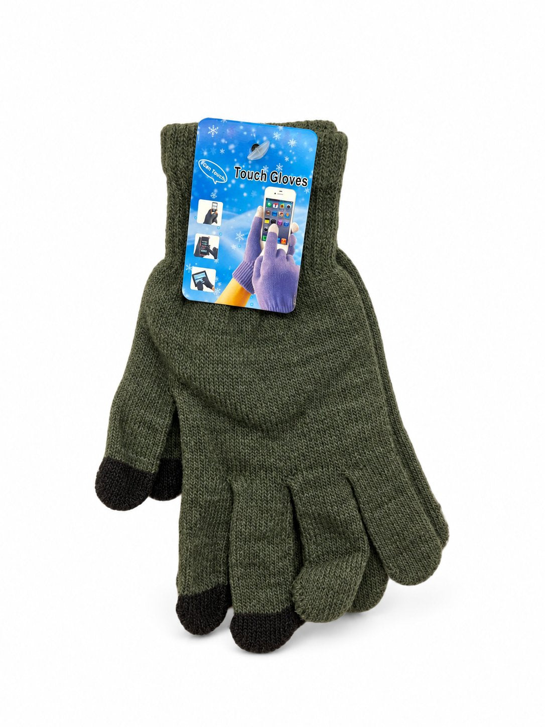 Olive knit touchscreen gloves with contrasting fingertips