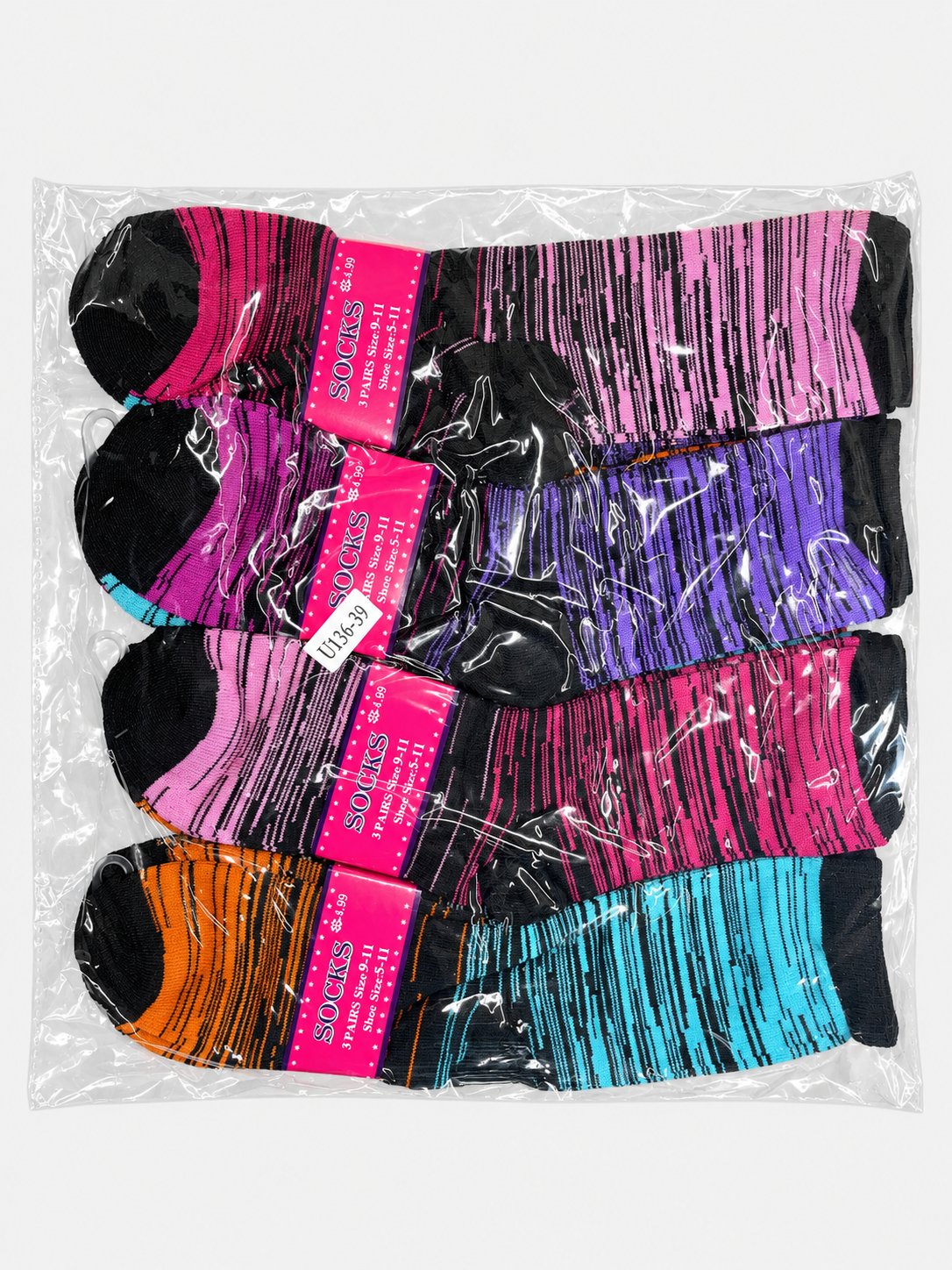 Packaged women’s crew socks with fine stripe patterns