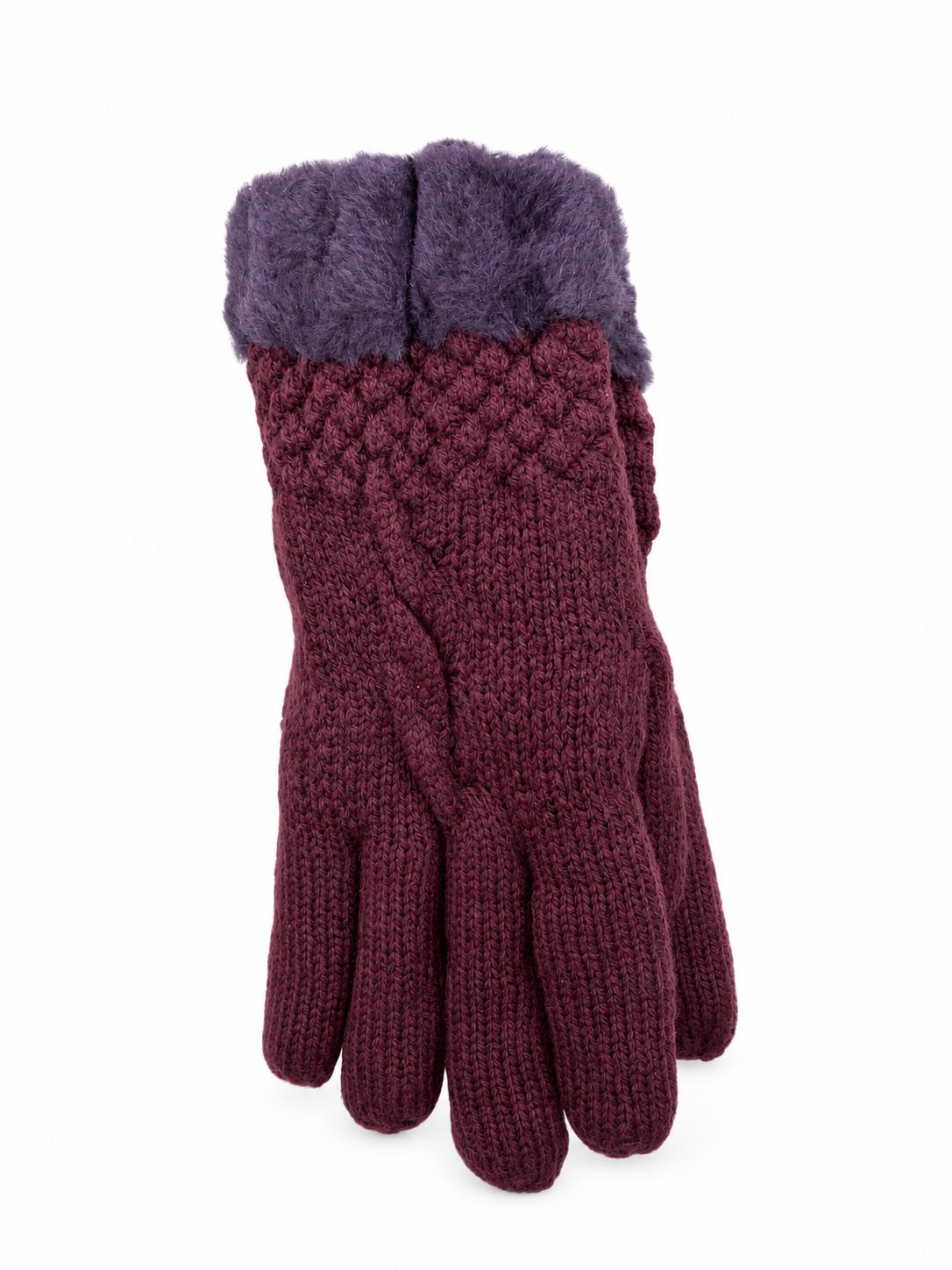 Purple cable-knit winter gloves with fuzzy cuffs