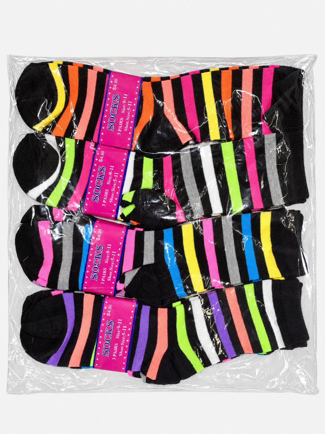 Packaged women’s crew socks with multicolored stripes