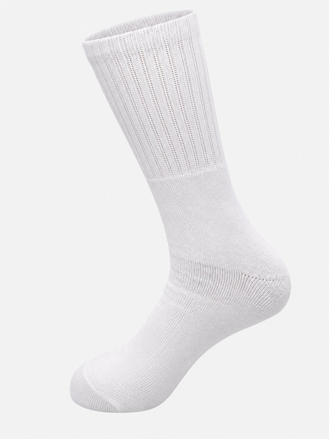 White men's crew sock with a ribbed leg and cuff, side view