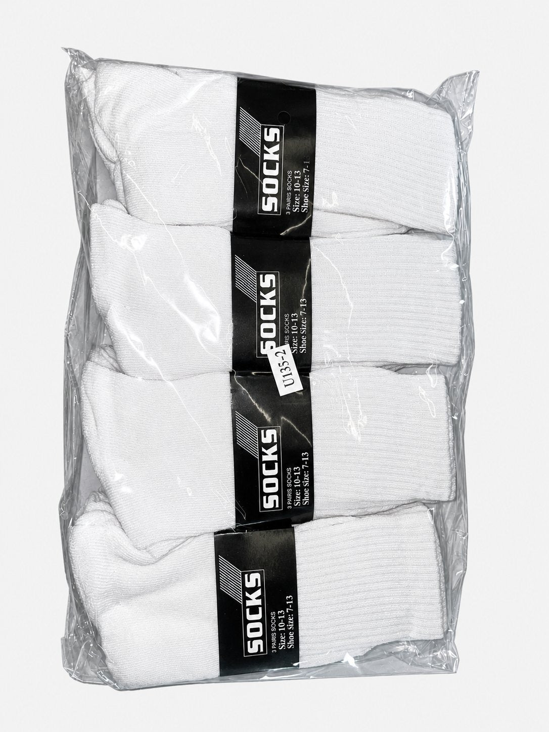 Packaged white crew socks