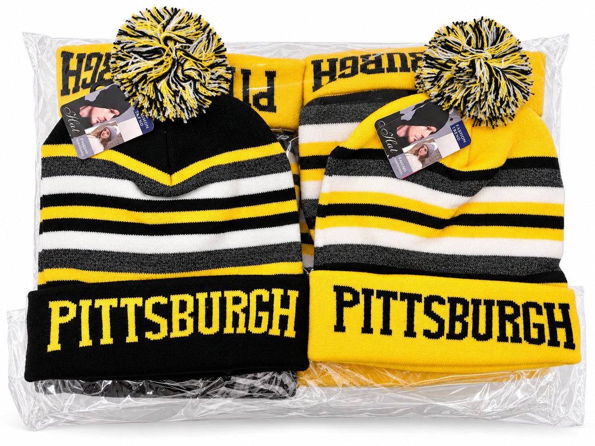Gorros con pompón — Diseños de ciudades y palabras — colores: amarillo, negro