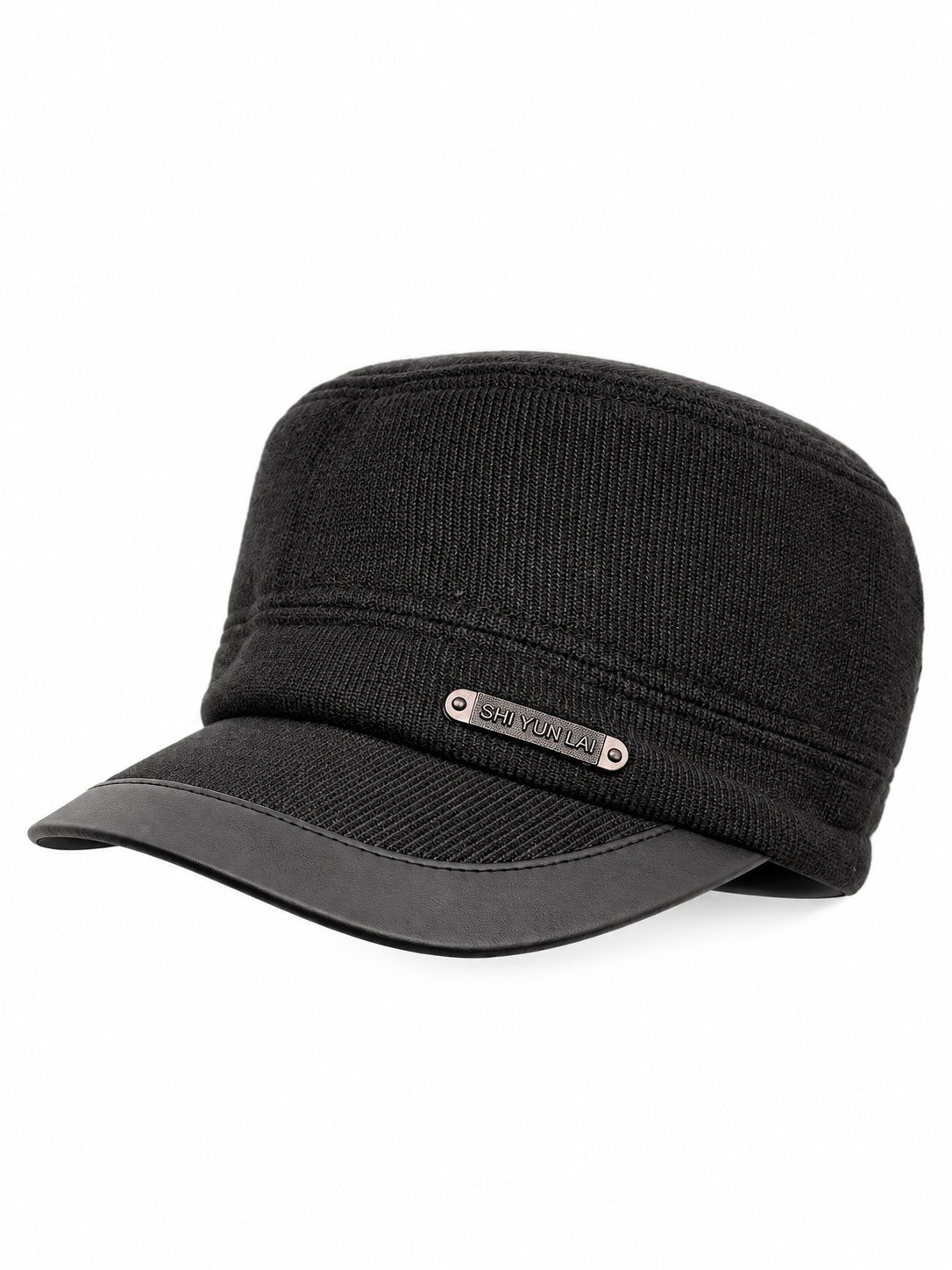 Dark winter cap shown with ear flaps folded up