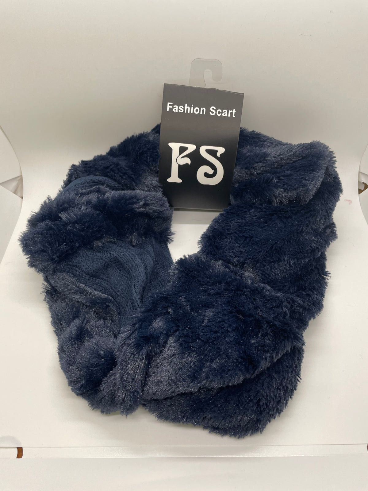 Dark blue plush-textured infinity scarf