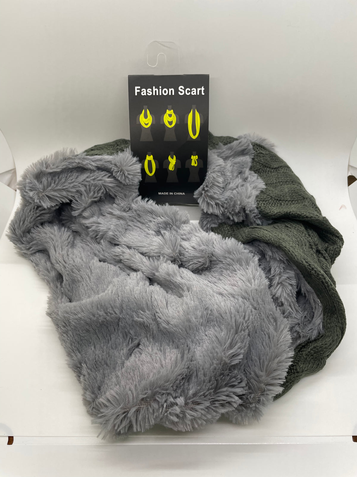Gray and olive infinity scarf with contrasting textures