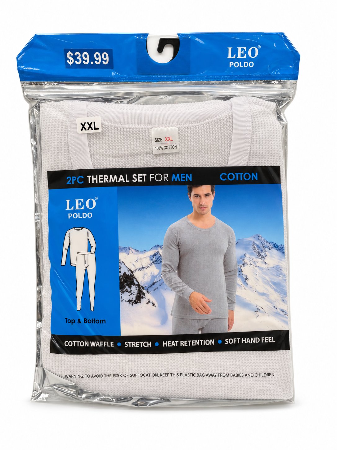 White men's thermal underwear in retail packaging