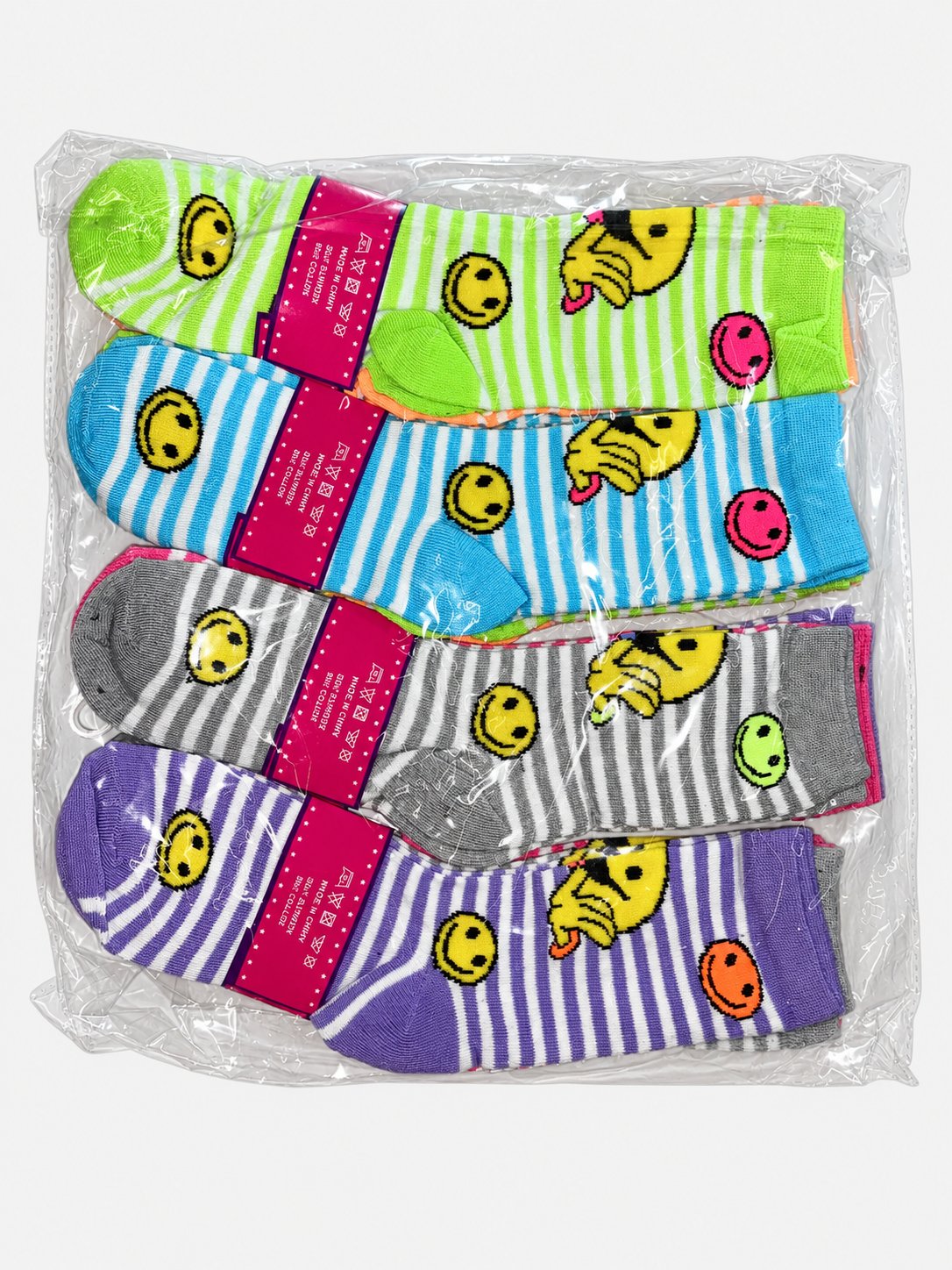 Packaged women’s crew socks with smiley faces