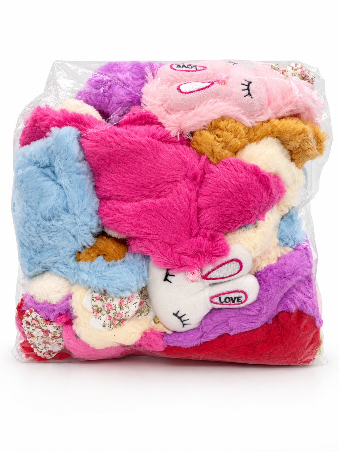 Packaged plush children’s scarves in several colors