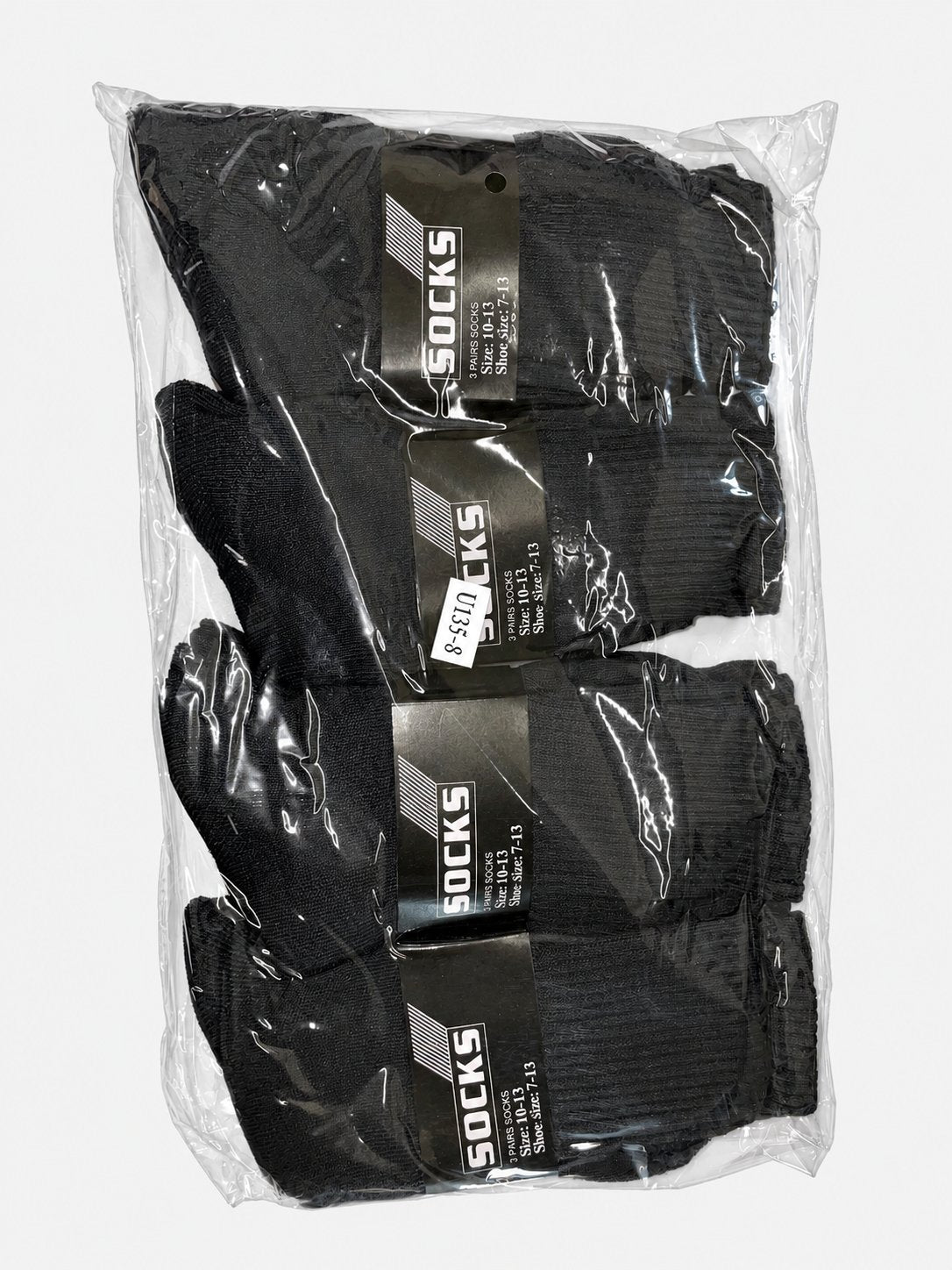 Packaged dark crew socks
