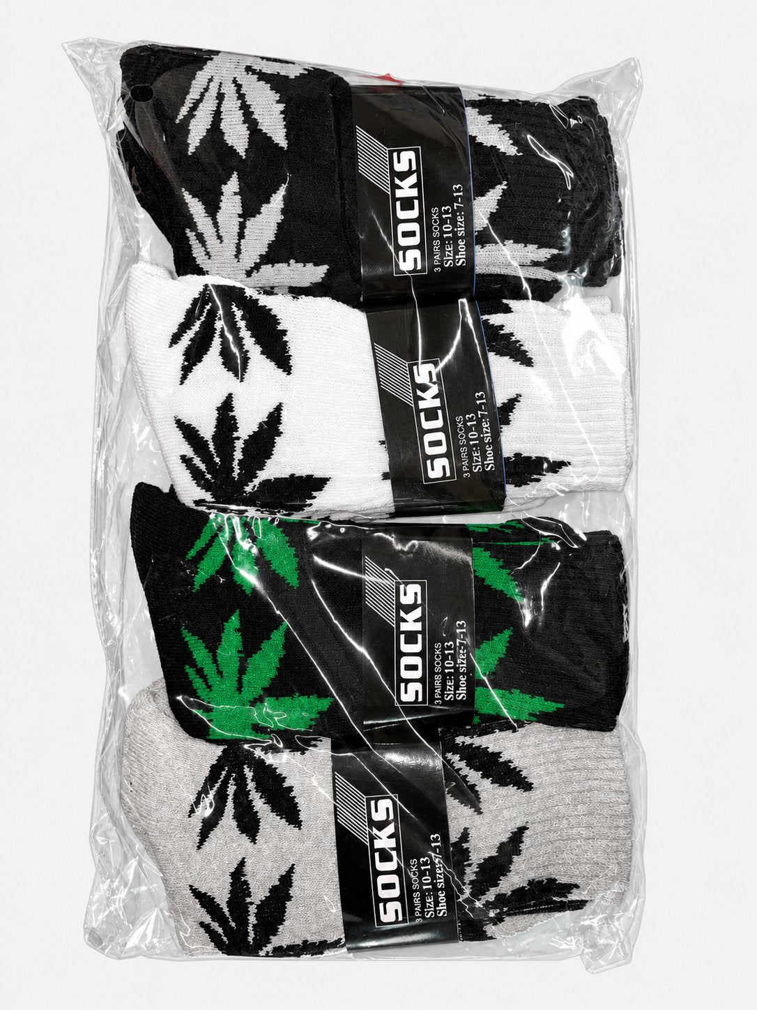 Packaged crew socks with leaf patterns