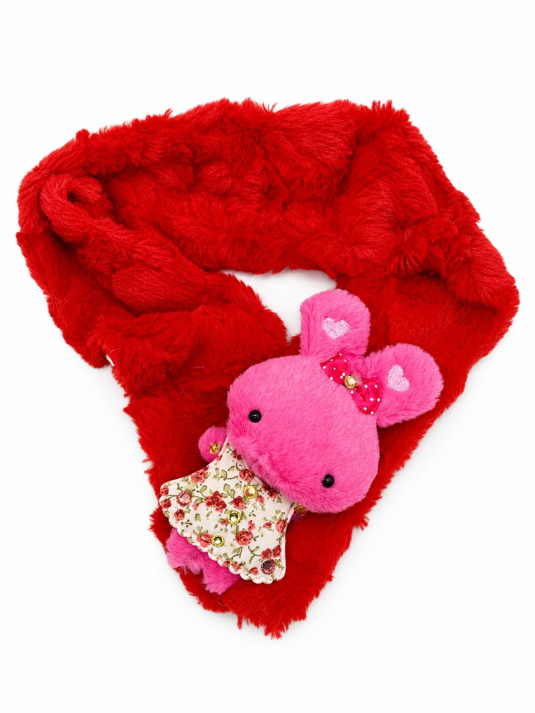 Red plush scarf with pink rabbit decoration