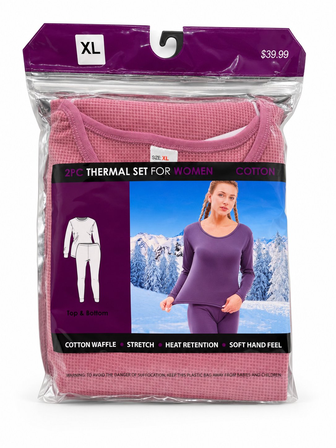 Pink women's thermal underwear in retail packaging