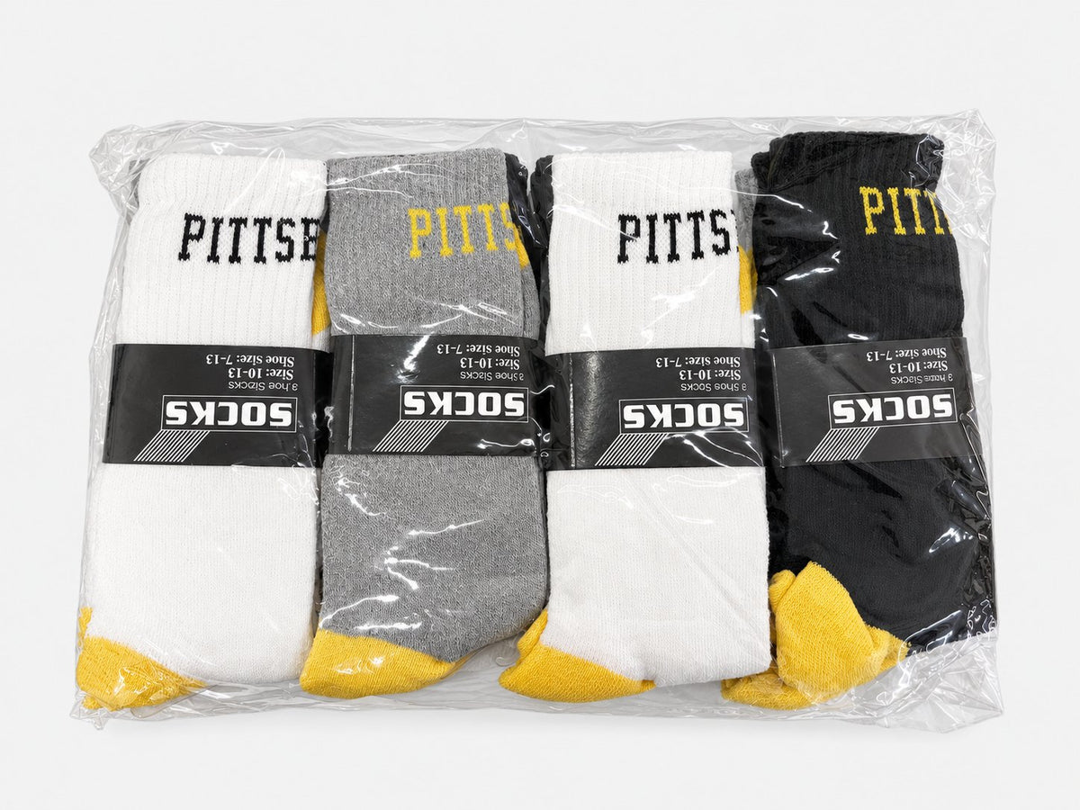 Packaged men’s Pittsburgh crew socks in black, white and gray