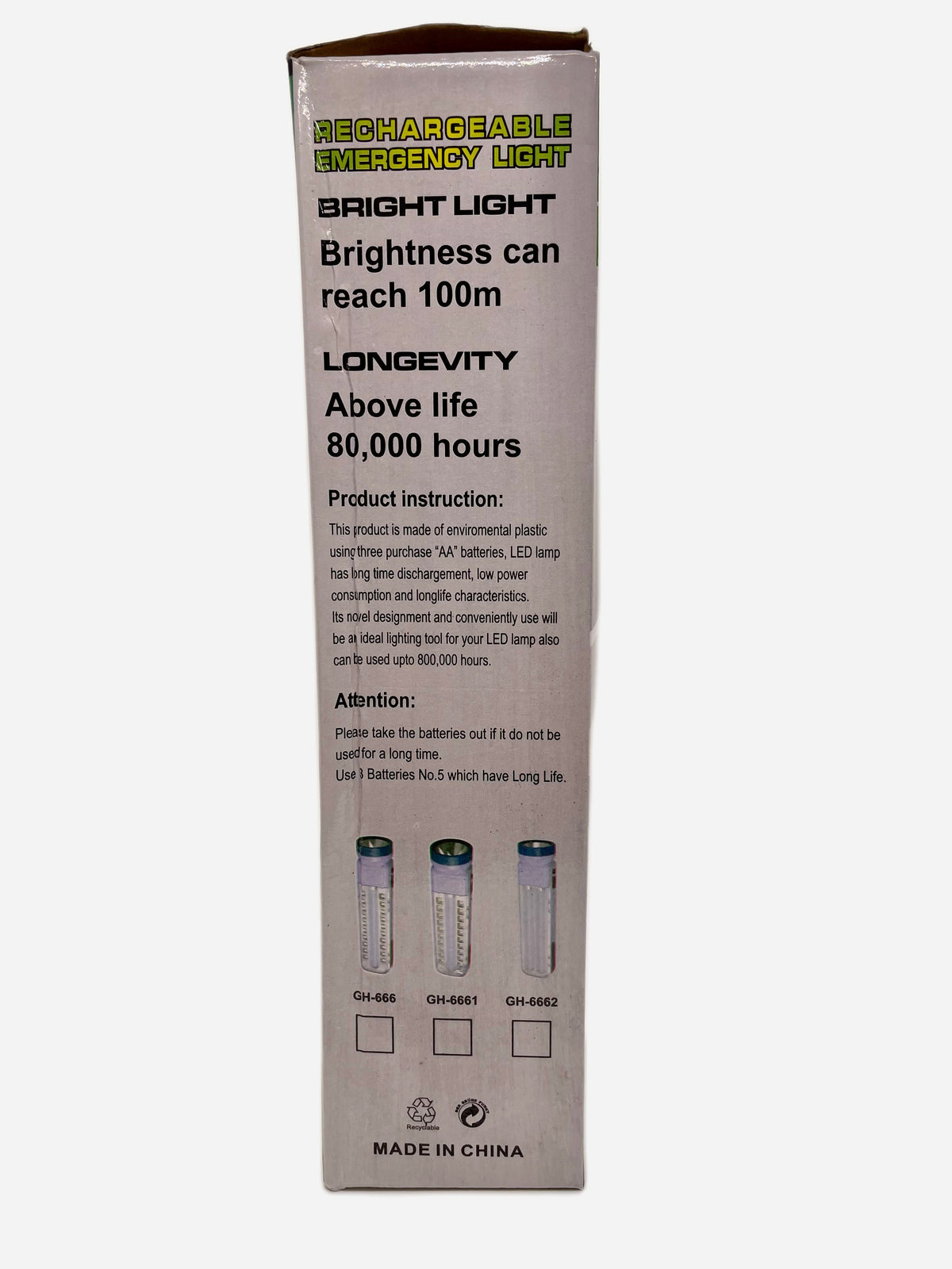 Side of flashlight packaging showing product information
