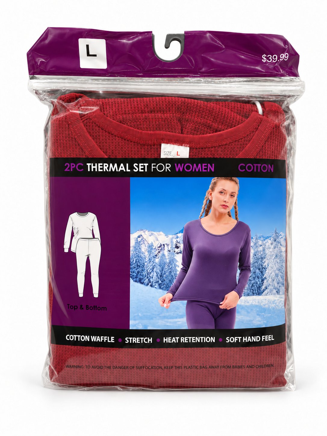 Red women's thermal underwear in retail packaging