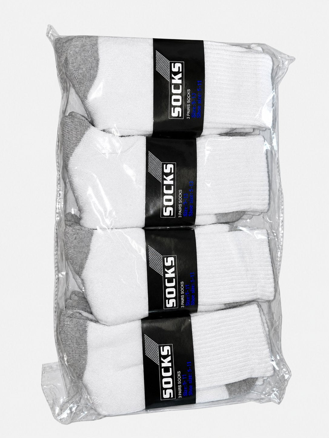 White crew socks with gray heel and toe areas