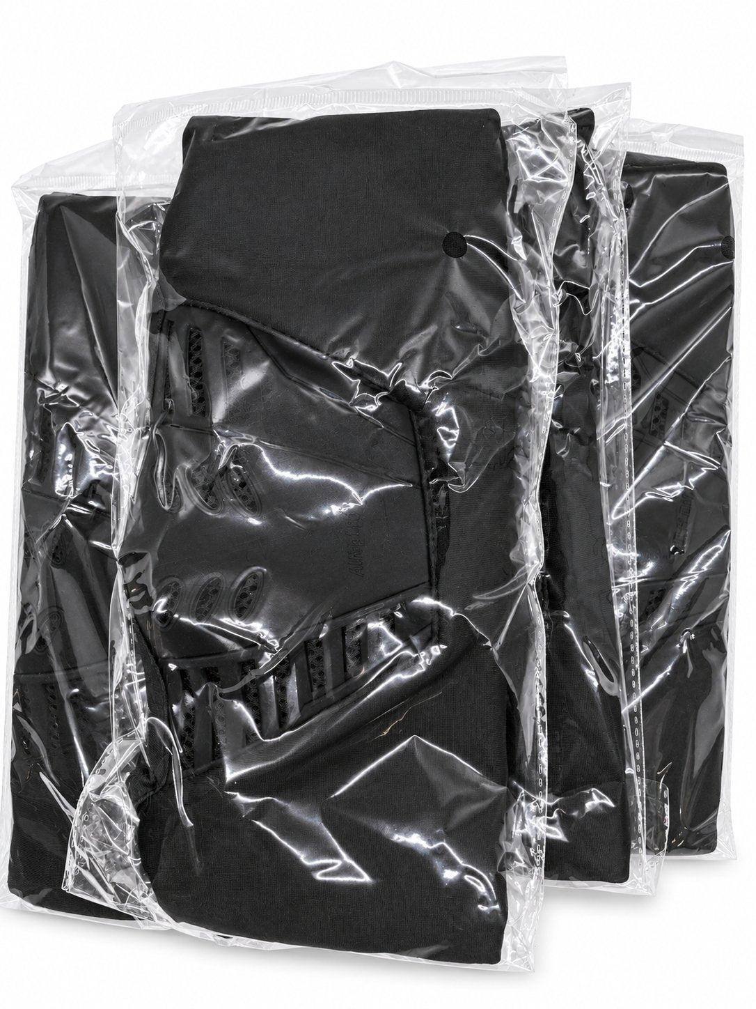 Black full face masks in clear packaging