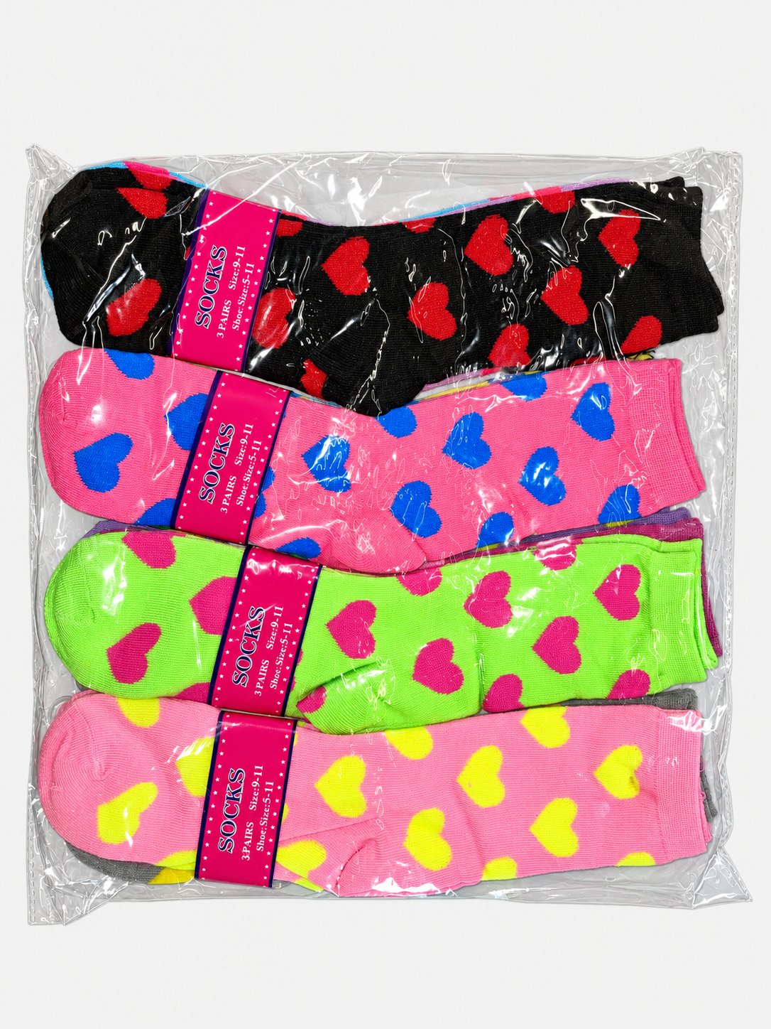 Packaged women’s crew socks with colorful hearts