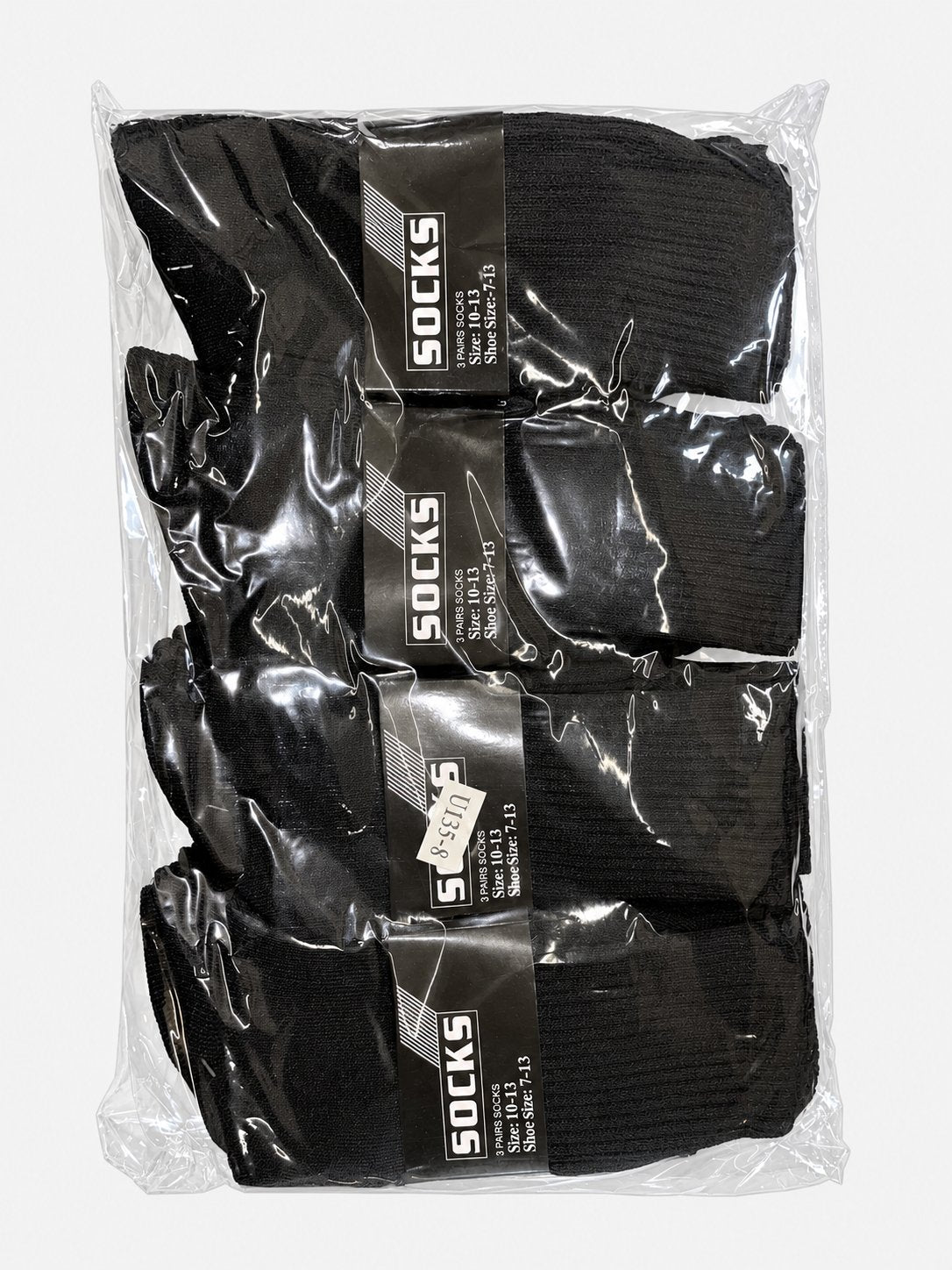 Packaged black crew socks