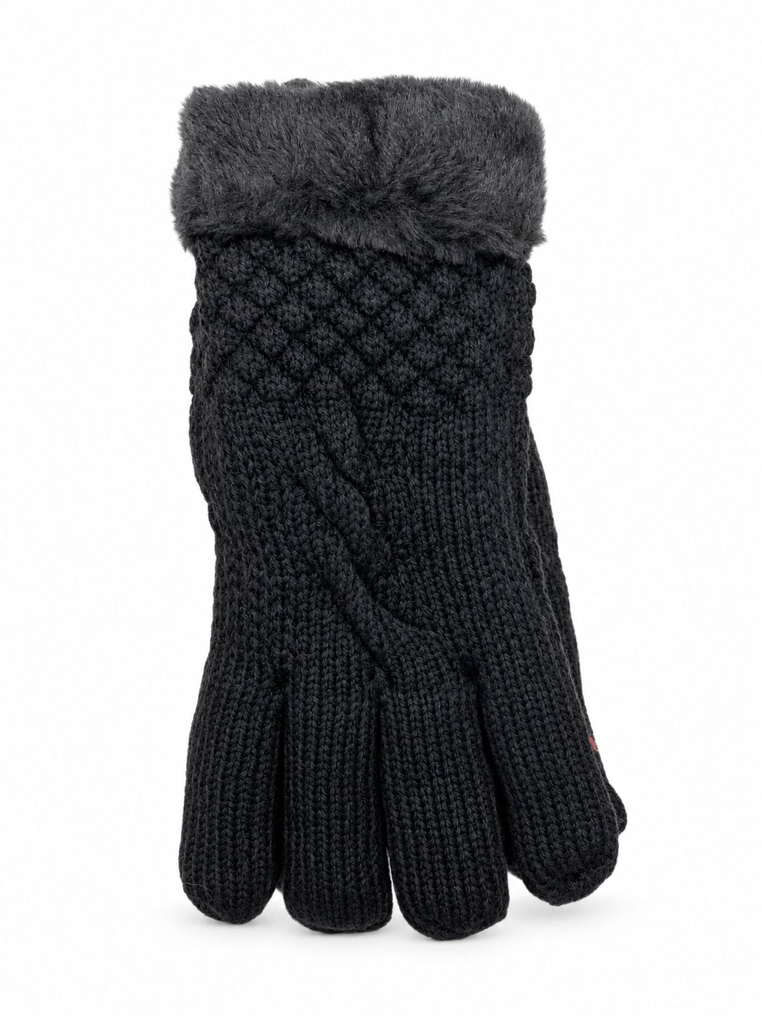 Black cable-knit winter gloves with fuzzy cuffs