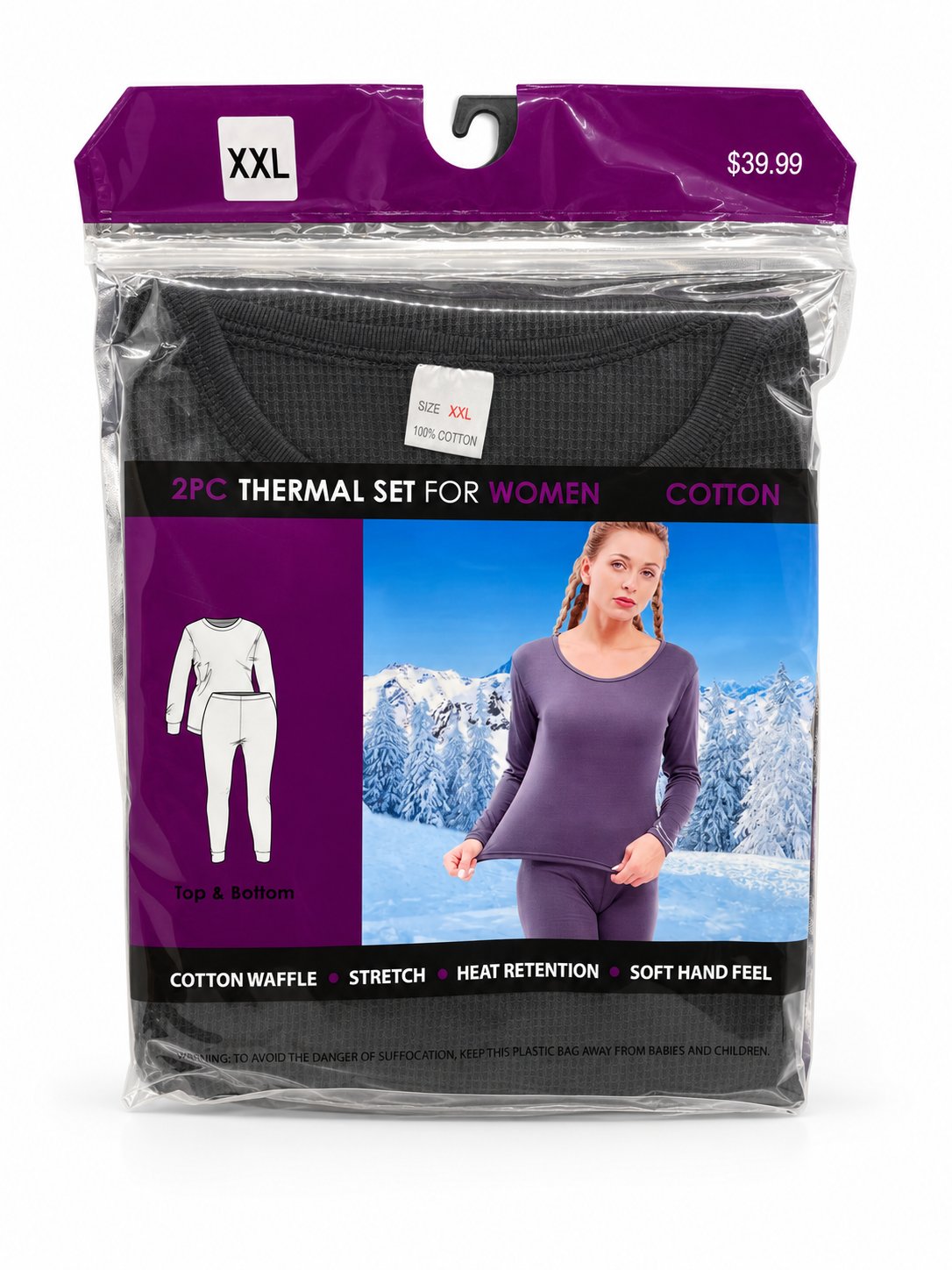 Black women's thermal underwear in retail packaging