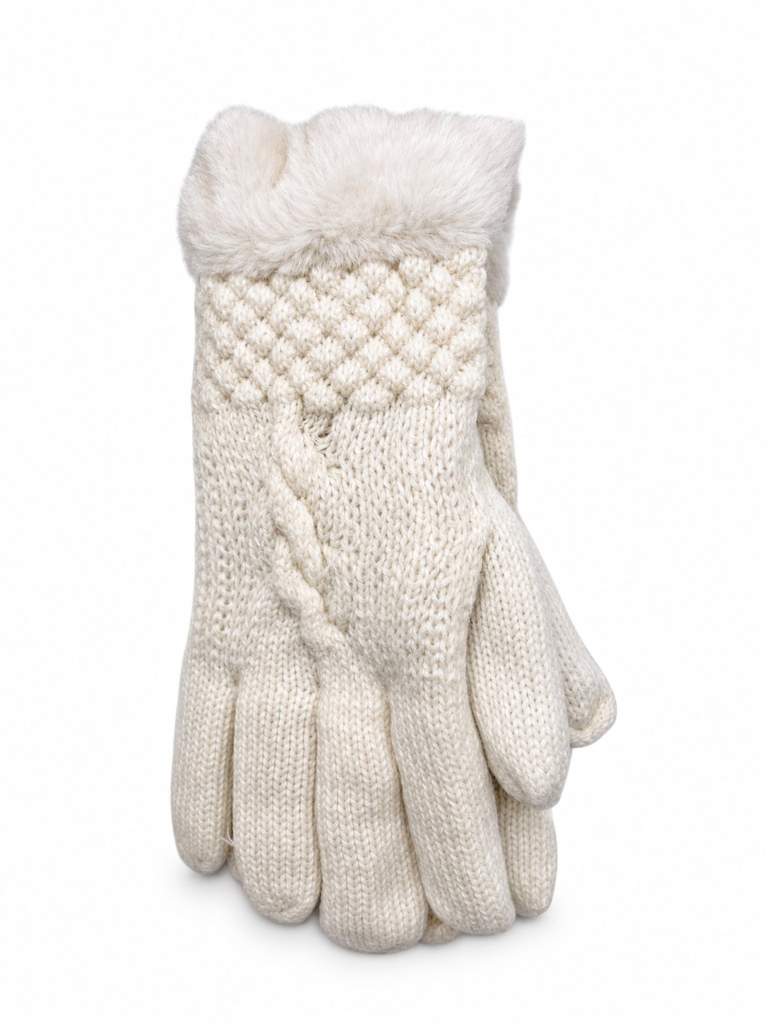 Ivory cable-knit winter gloves with fuzzy cuffs
