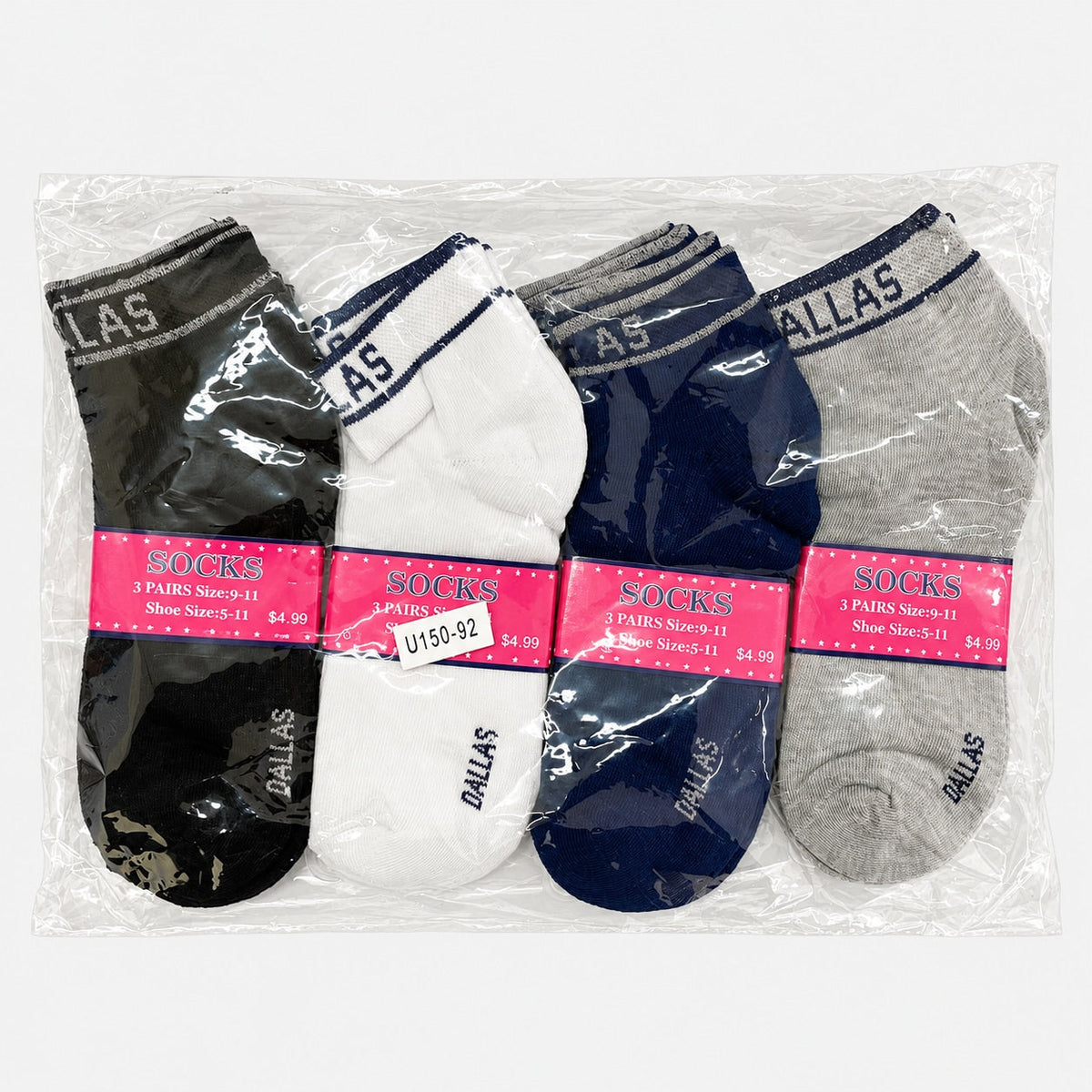 Calcetines Dallas para mujer — Docenas y paquetes al por mayor — colores: negro, blanco, gris, azul marino; en su empaque