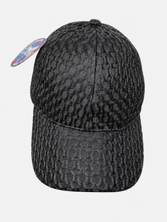 Black netted baseball cap with oval pattern on a light gray background