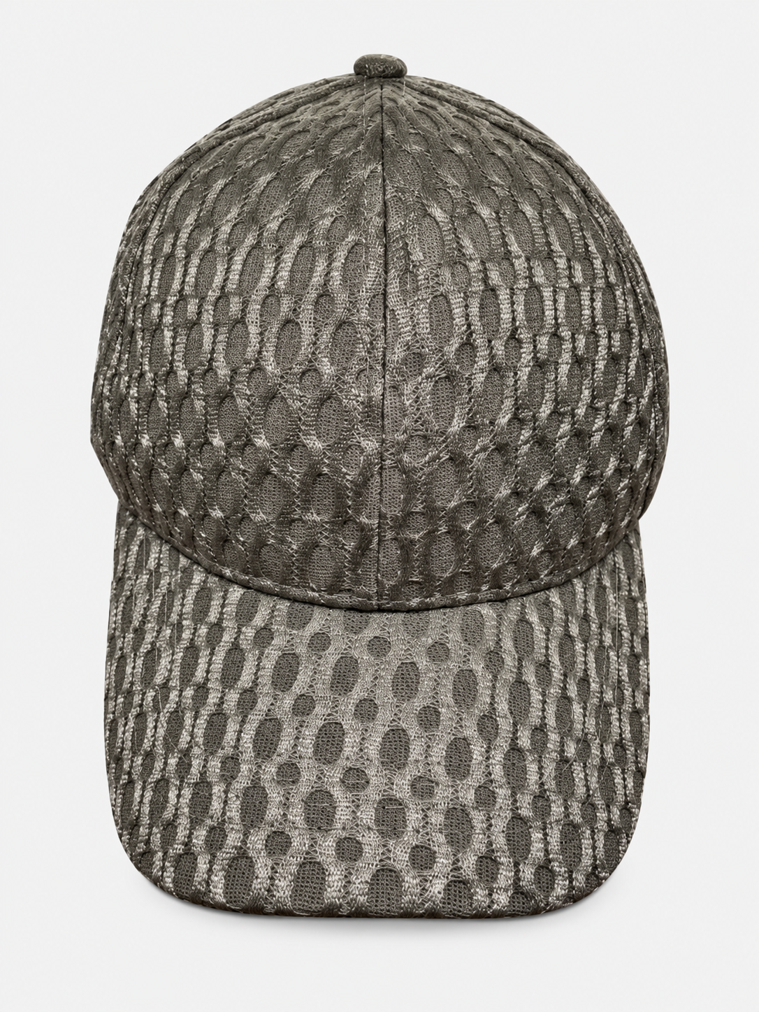 Olive gray netted baseball cap with oval pattern on a light gray background