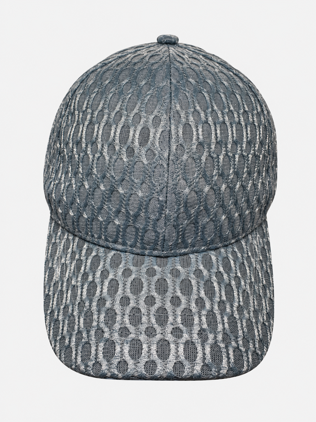 Blue gray netted baseball cap with oval pattern on a light gray background