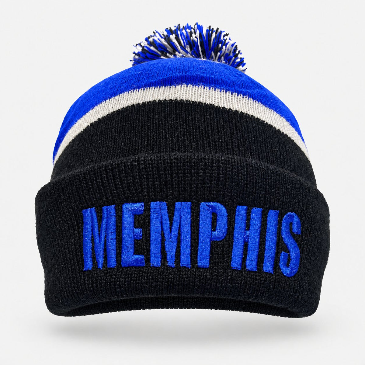 Gorros Memphis de punto grueso con pompón — colores: azul rey, negro, azul