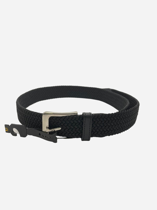 Black woven stretch belt with metal buckle