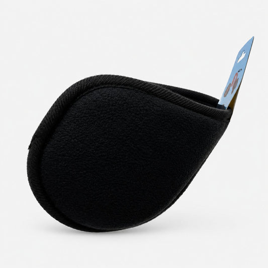 Black fleece wraparound earmuffs shown folded together