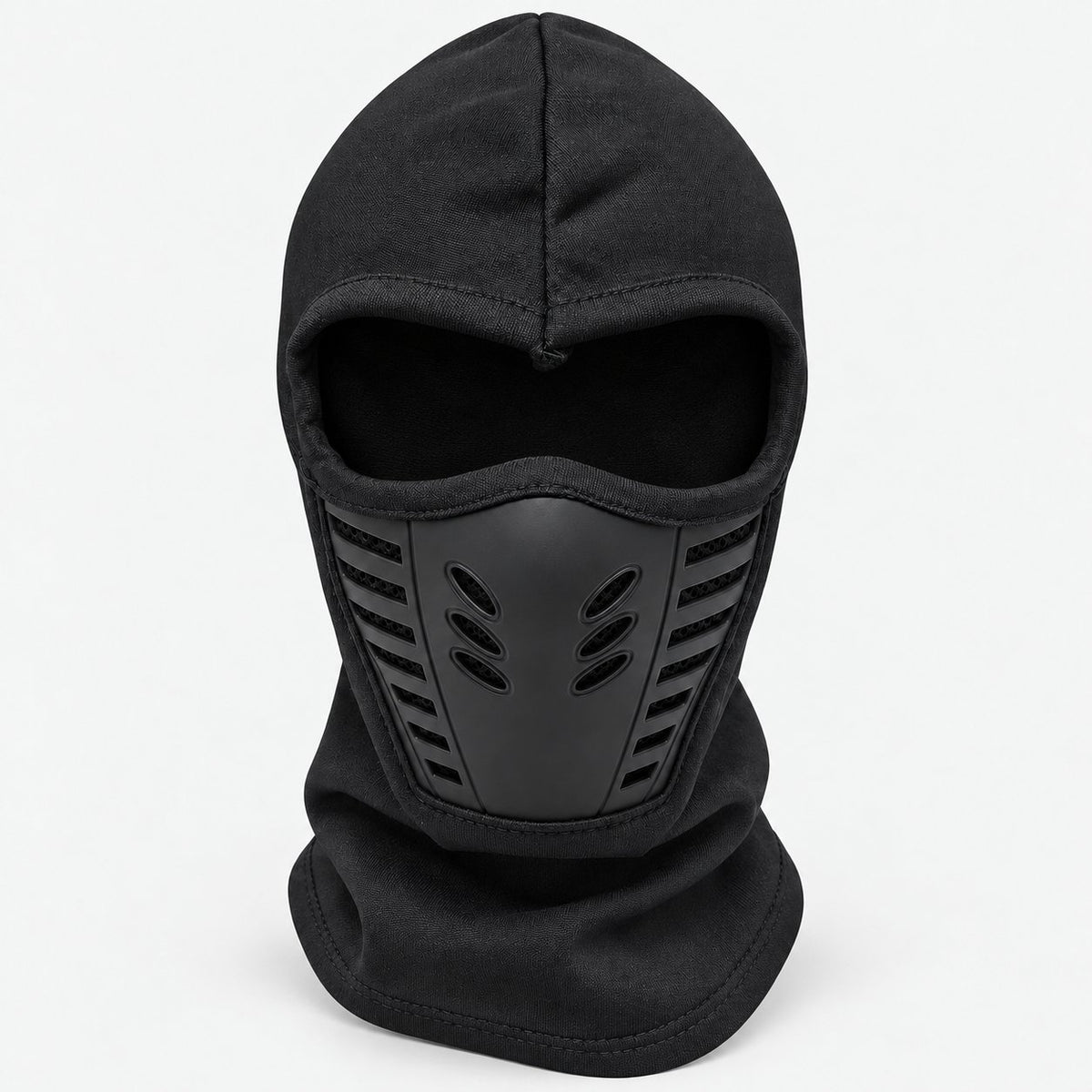 Black full face mask with an open eye area and a vented lower-face panel, front view