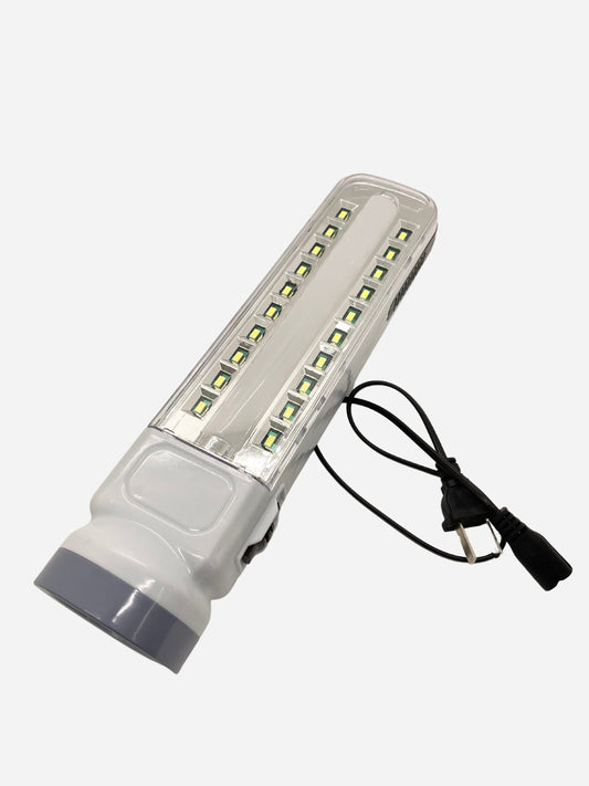 White rechargeable flashlight with side LEDs and charging cord