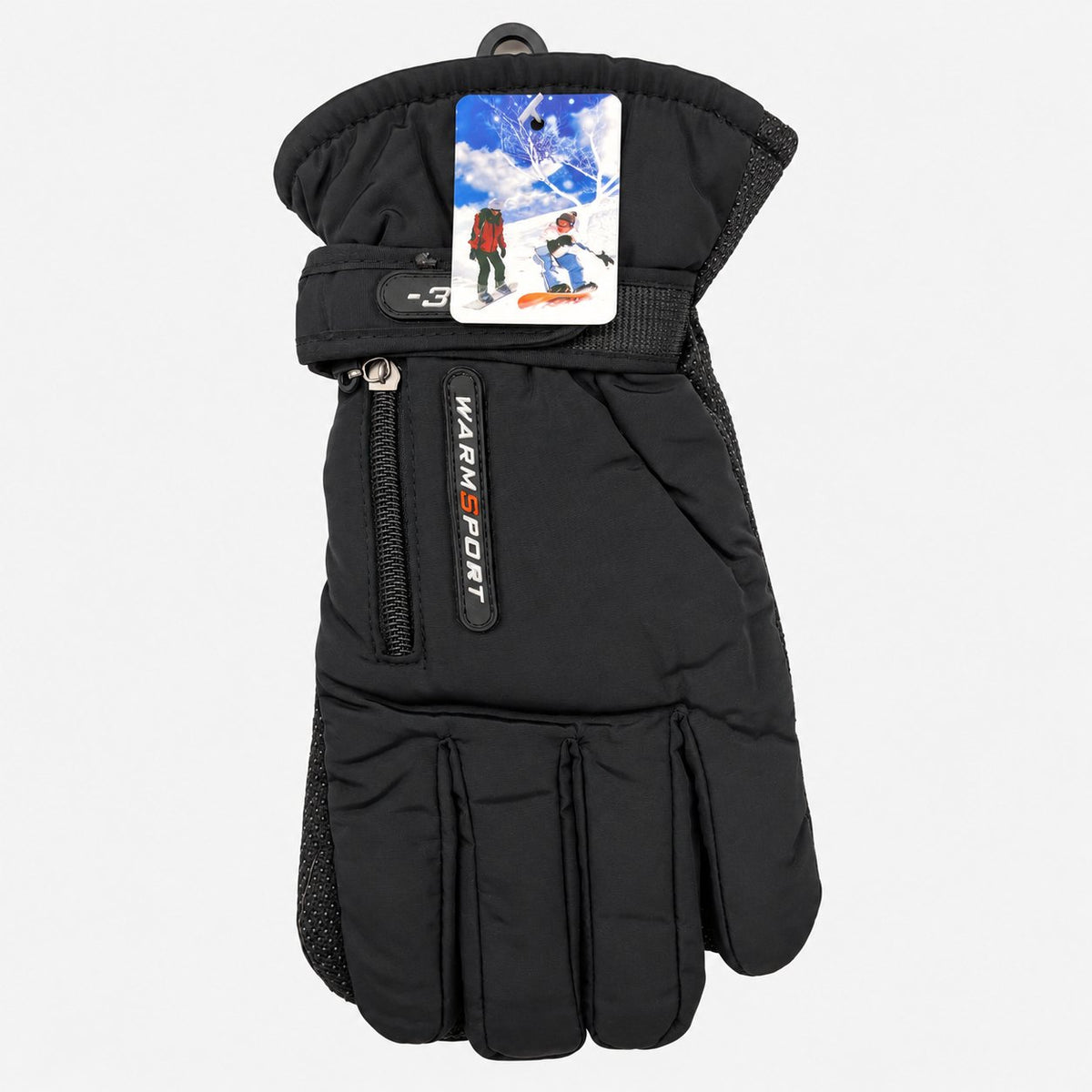 Black insulated winter gloves with wrist straps and zip details